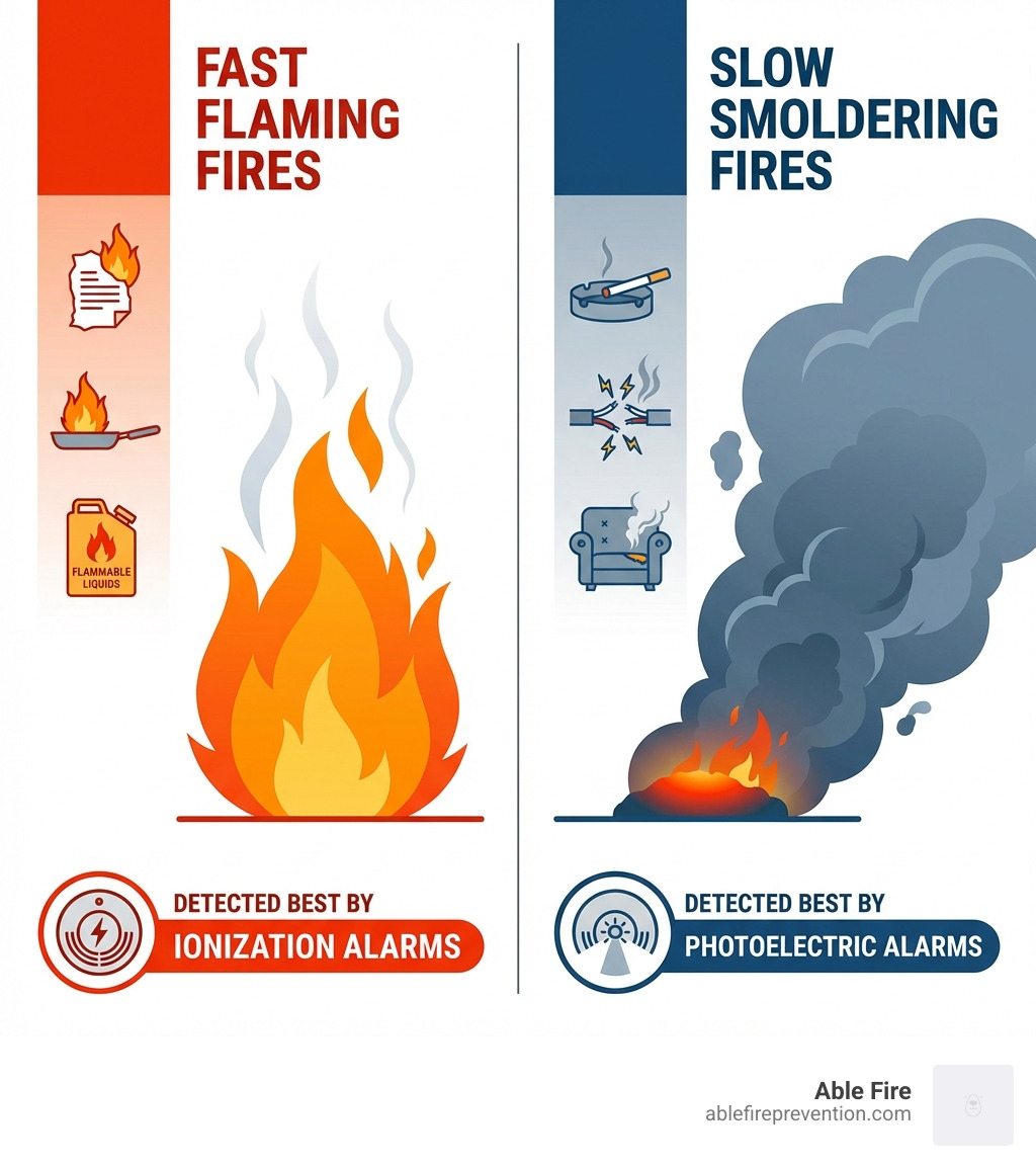 Infographic showing two columns: Left side labeled "Fast Flaming Fires" with icons of paper, kitchen grease, and flammable liquids, showing tall flames with minimal smoke, detected best by ionization alarms. Right side labeled "Slow Smoldering Fires" with icons of cigarettes, electrical wiring, and upholstery, showing heavy smoke with minimal flames, detected best by photoelectric alarms - ionization fire alarm infographic 
