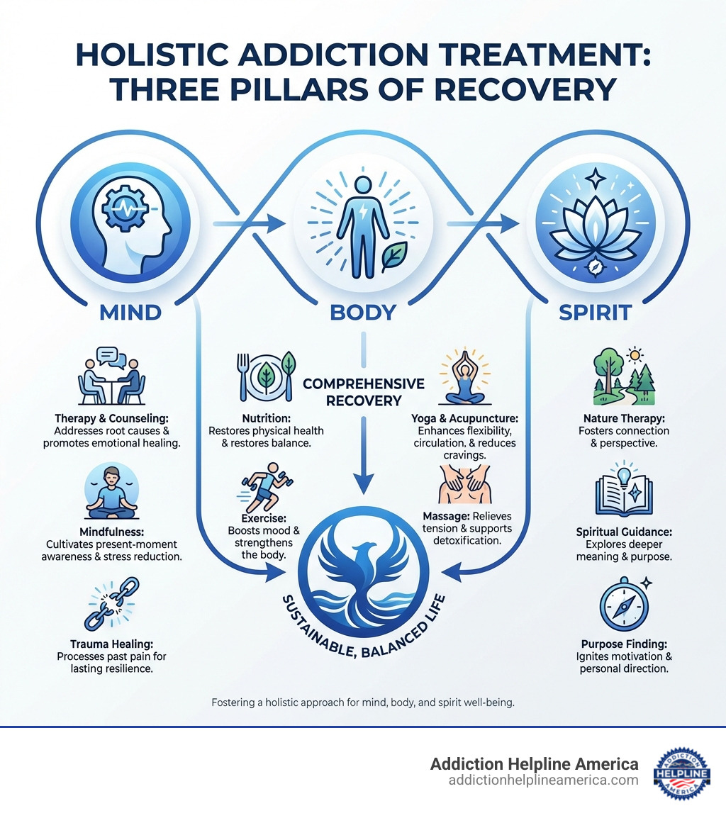 Infographic showing the three pillars of holistic addiction treatment: Mind (therapy, counseling, mindfulness, trauma healing), Body (nutrition, exercise, yoga, acupuncture, massage), and Spirit (meditation, nature therapy, spiritual guidance, purpose finding). Each pillar includes icons and brief descriptions of how it supports recovery from substance use disorders. - Holistic Addiction Treatment Centers infographic 