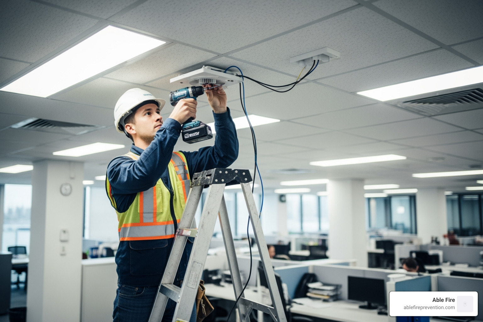technician installing a heat detector - heat detector sensor technician installing a heat detector - heat detector sensor