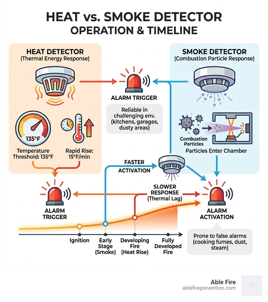 Infographic comparing heat detector and smoke detector operation: Heat detector shows temperature threshold of 135°F or rapid 15°F/min rise triggering alarm; Smoke detector shows combustion particles entering chamber triggering alarm; Timeline shows smoke detector activates earlier in fire development but prone to false alarms in kitchens and dusty areas, while heat detector activates later but reliable in challenging environments - heat detector sensor infographic Infographic comparing heat detector and smoke detector operation: Heat detector shows temperature threshold of 135°F or rapid 15°F/min rise triggering alarm; Smoke detector shows combustion particles entering chamber triggering alarm; Timeline shows smoke detector activates earlier in fire development but prone to false alarms in kitchens and dusty areas, while heat detector activates later but reliable in challenging environments - heat detector sensor infographic