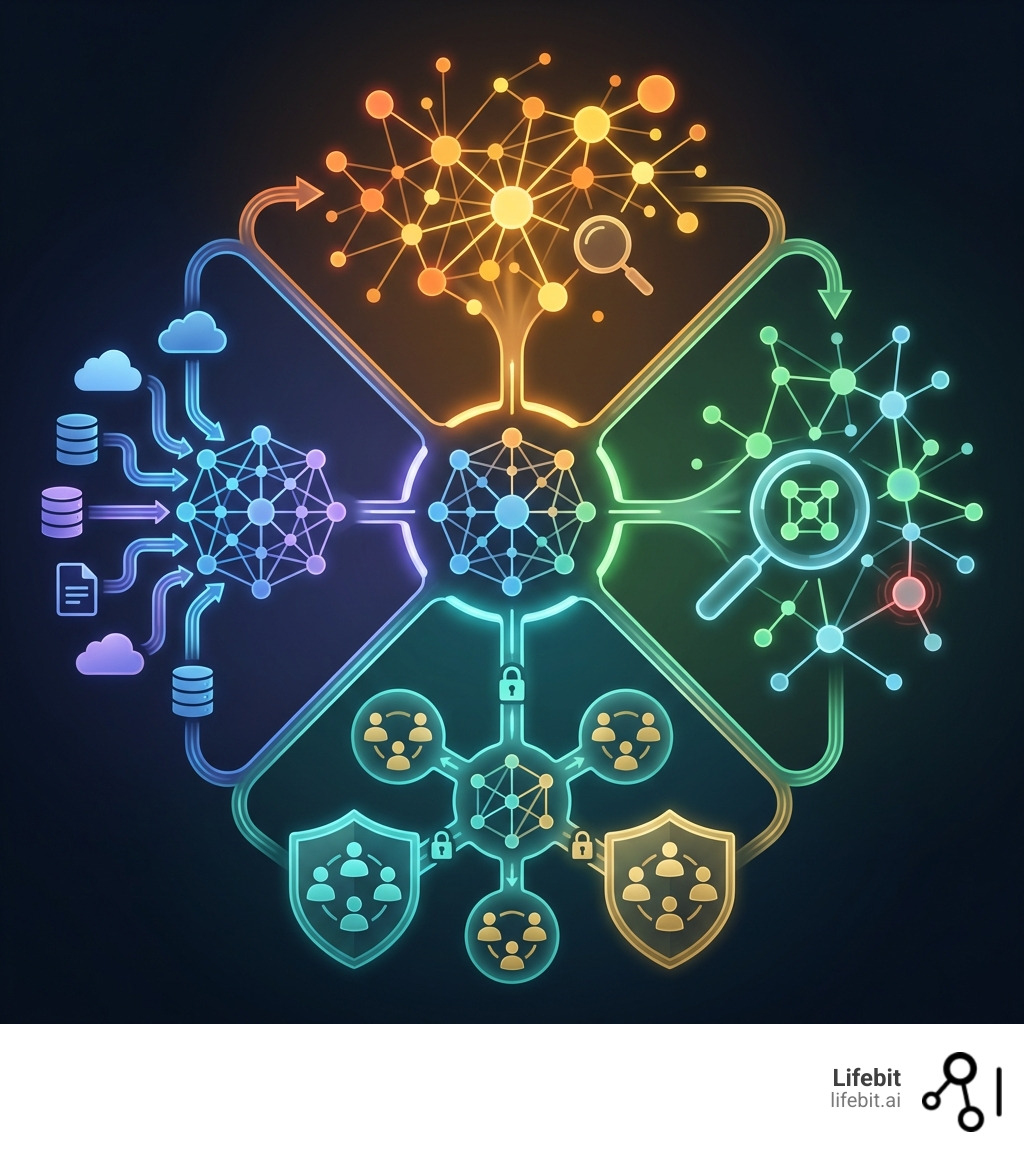 Infographic showing the key components of link analysis software: data integration connects multiple sources into a central graph database, visualization tools display interactive node-and-edge networks, analytics engines detect patterns and anomalies, and collaboration features enable teams to share findings securely across federated environments - link analysis software infographic 