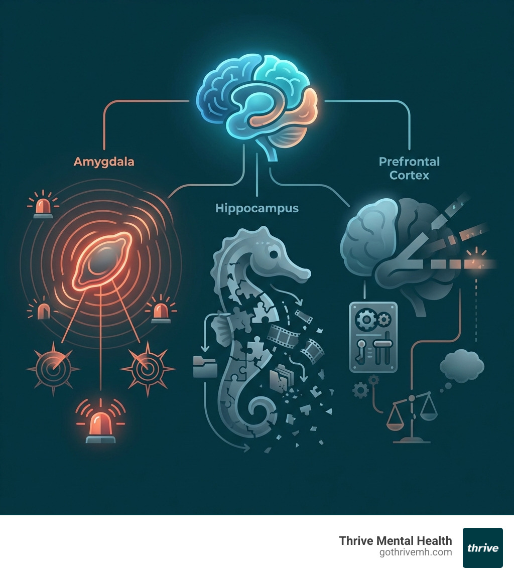 infographic showing how trauma affects the three main brain regions: amygdala becomes hyperactive and triggers constant threat detection, hippocampus shrinks and causes memory fragmentation, and prefrontal cortex function decreases leading to impaired emotional regulation - how does trauma affect the brain infographic 