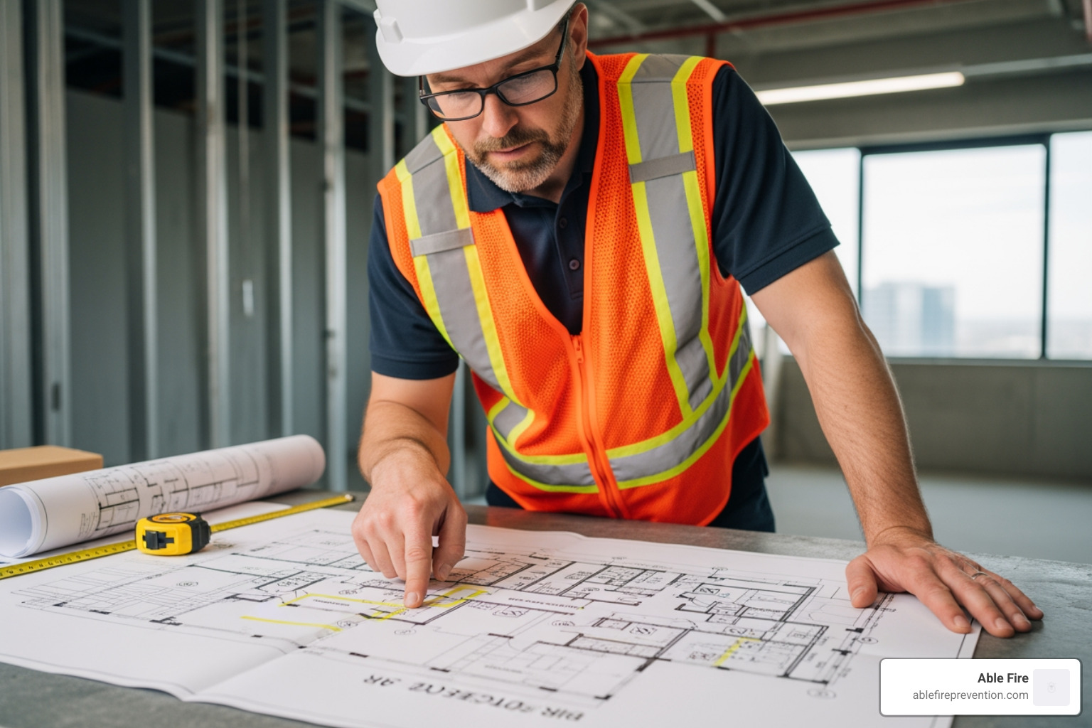 Professional technician reviewing fire detector placement on a blueprint for a commercial building - fire detector installation Professional technician reviewing fire detector placement on a blueprint for a commercial building - fire detector installation