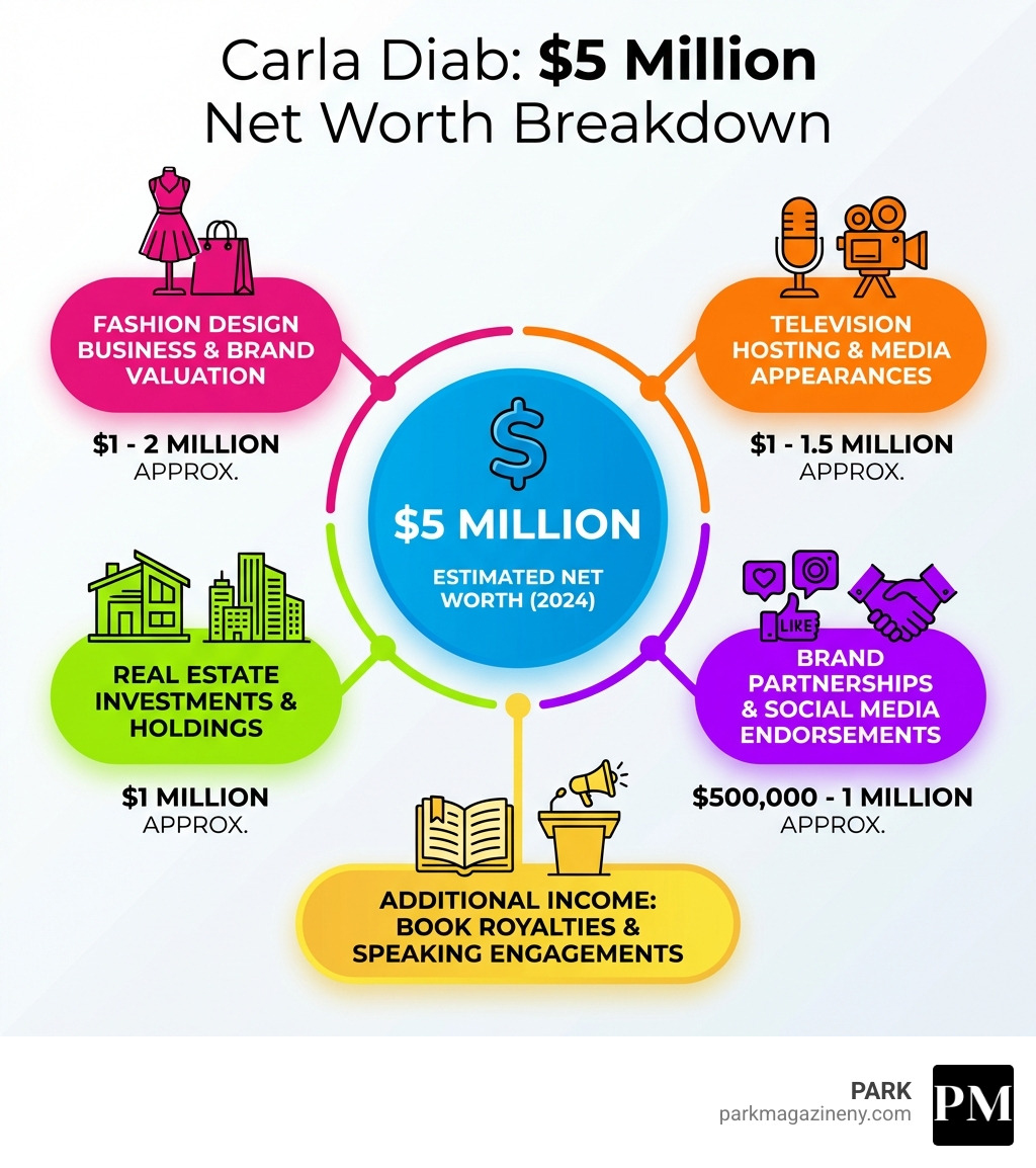 Infographic showing Carla Diab's $5 million net worth breakdown: Fashion design business and brand valuation approximately $1-2 million, Television hosting and media appearances approximately $1-1.5 million, Real estate investments and holdings approximately $1 million, Brand partnerships and social media endorsements approximately $500,000-1 million, with additional income from book royalties and speaking engagements - carla diab net worth infographic 