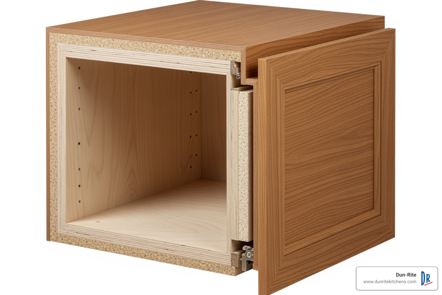 Layers of a refaced cabinet: original box, new veneer, new door - cheap cabinet refacing Layers of a refaced cabinet: original box, new veneer, new door - cheap cabinet refacing