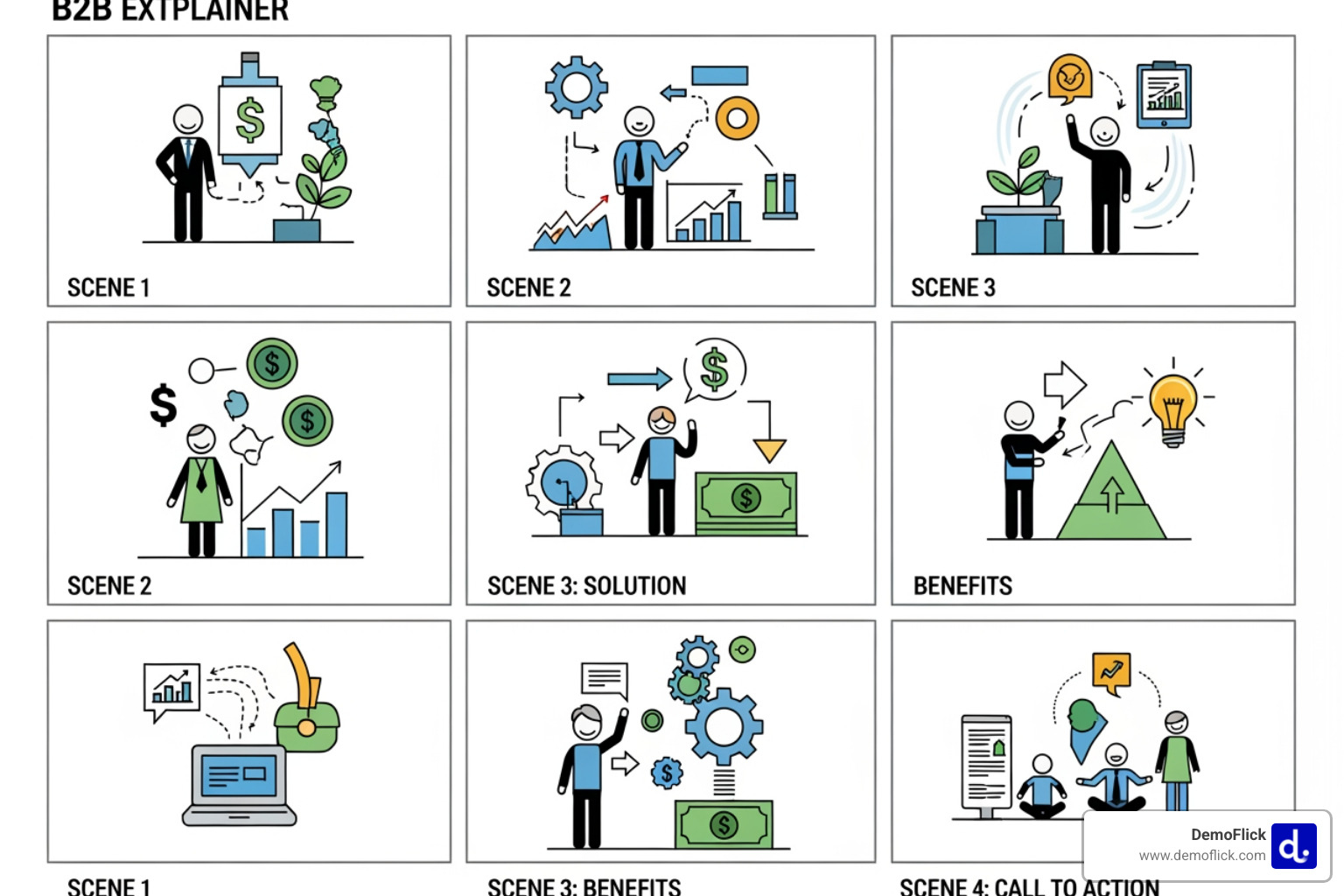 Storyboard for an explainer video outlining scenes, characters, and key visual elements - B2B explainer videos Storyboard for an explainer video outlining scenes, characters, and key visual elements - B2B explainer videos