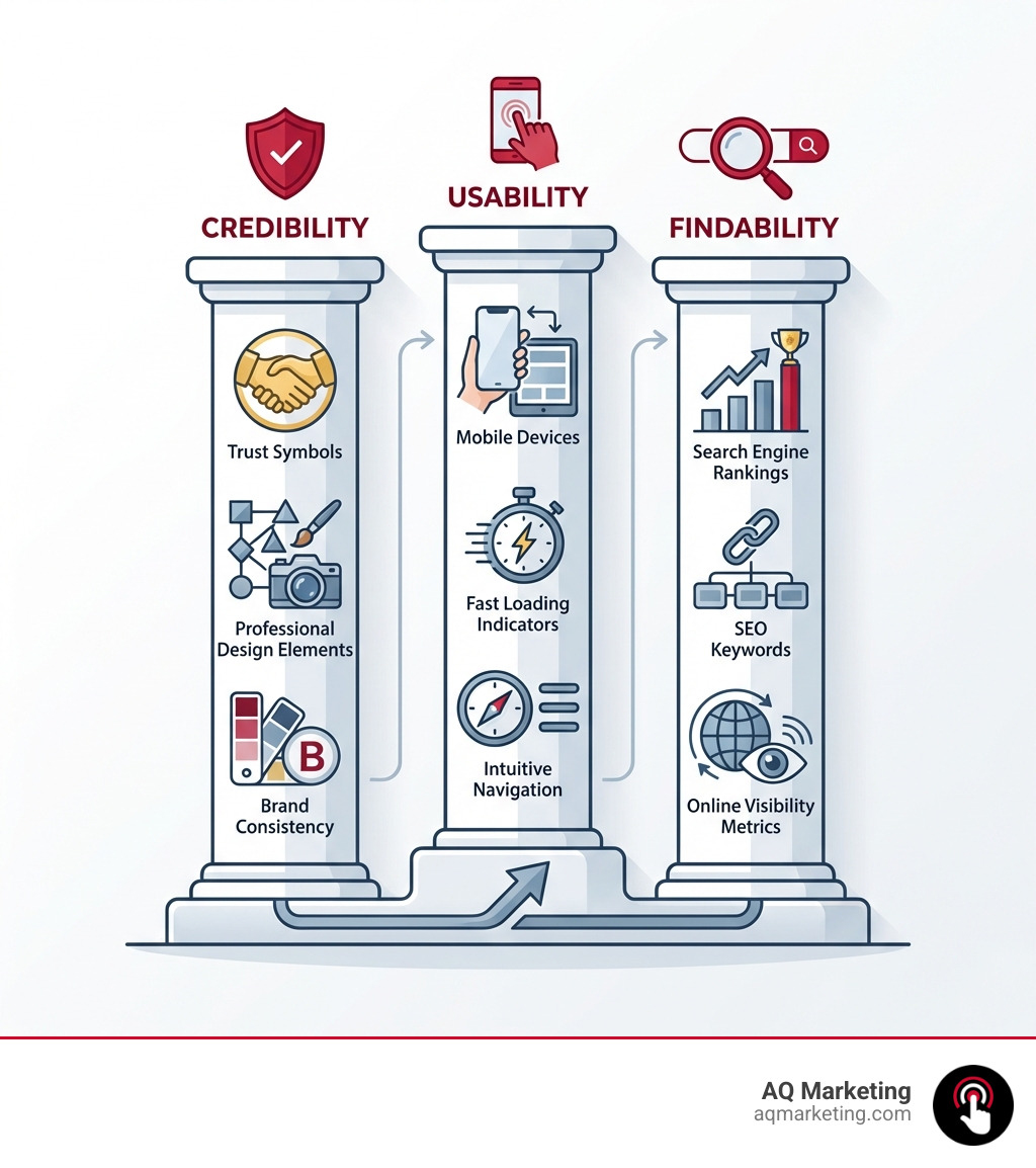 Infographic showing the three pillars of a successful professional small business website: Credibility pillar featuring trust symbols, professional design elements, and brand consistency; Usability pillar showing mobile devices, fast loading indicators, and intuitive navigation; Findability pillar displaying search engine rankings, SEO keywords, and online visibility metrics - professional small business website infographic Infographic showing the three pillars of a successful professional small business website: Credibility pillar featuring trust symbols, professional design elements, and brand consistency; Usability pillar showing mobile devices, fast loading indicators, and intuitive navigation; Findability pillar displaying search engine rankings, SEO keywords, and online visibility metrics - professional small business website infographic