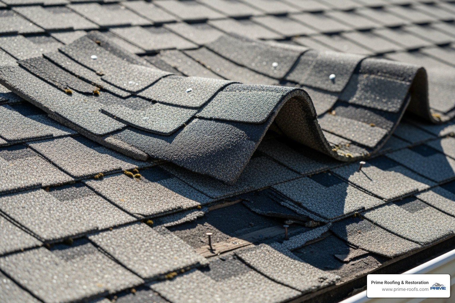 of curled and buckling asphalt shingles on a roof - roof replacement Hoover AL