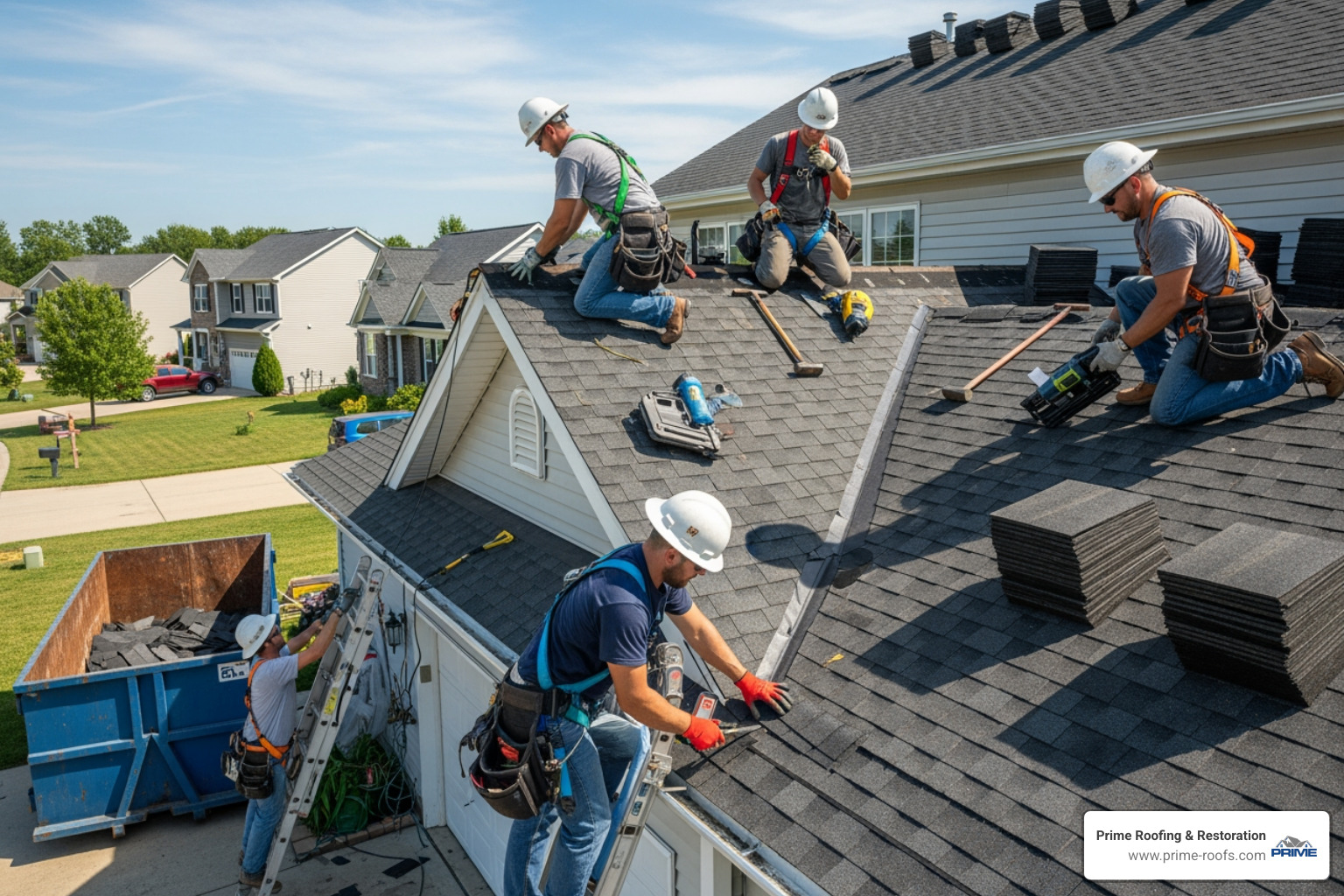 of a roofing crew working on a residential roof replacement - roof replacement Hoover AL