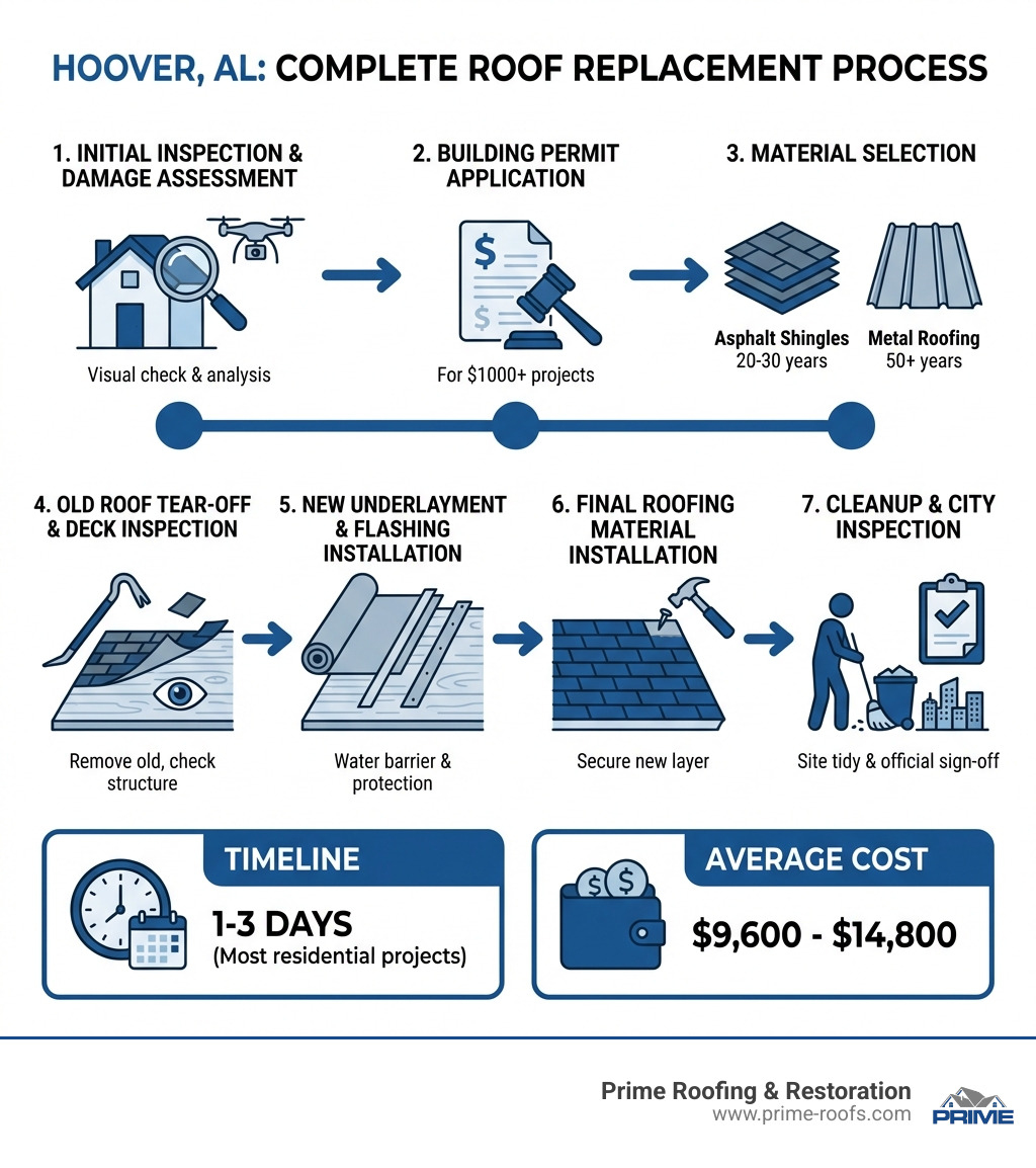 Infographic showing the complete roof replacement process in Hoover AL: 1. Initial inspection and damage assessment, 2. Building permit application ($1000+ projects), 3. Material selection (asphalt shingles 20-30 years vs metal 50+ years), 4. Old roof tear-off and deck inspection, 5. New underlayment and flashing installation, 6. Final roofing material installation, 7. Cleanup and city inspection. Timeline: 1-3 days for most residential projects. Average cost: $9,600-$14,800. - roof replacement Hoover AL infographic 
