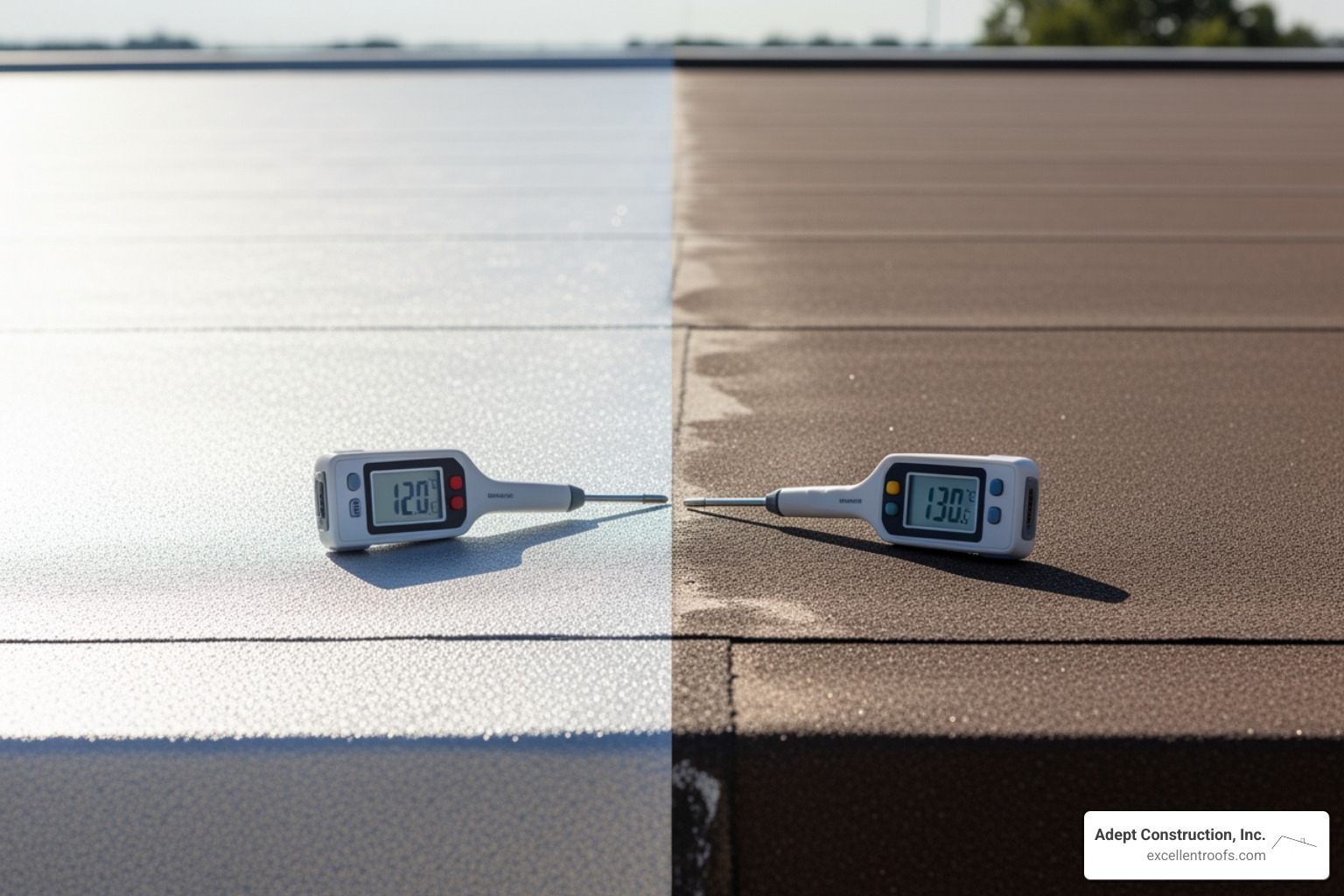 thermometer showing a cooler temperature on a coated roof section versus a hot, uncoated section - residential flat roof coating