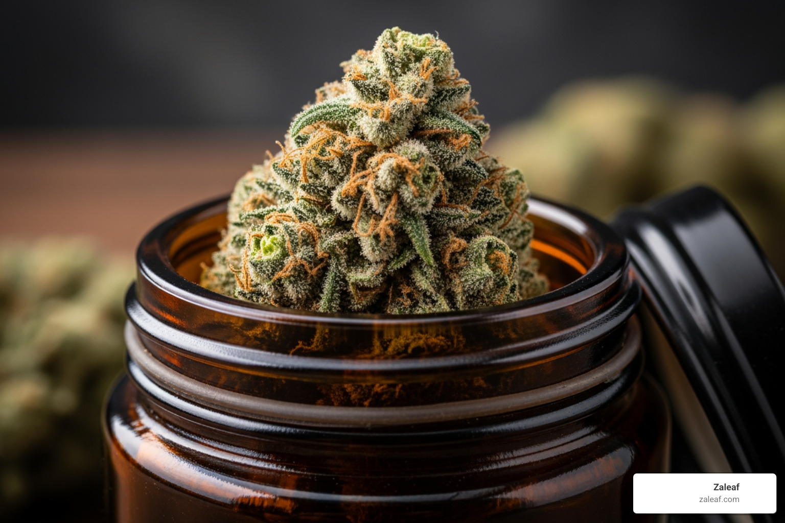 Zaleaf cannabis flower in a proper airtight, dark glass storage jar - buy weed online