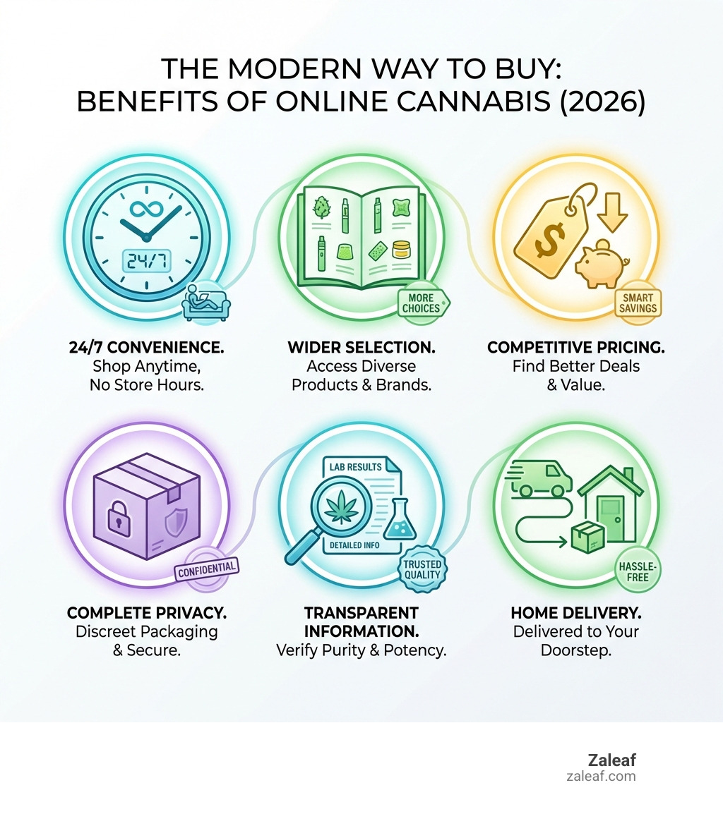 infographic showing the benefits of buying cannabis online: 24/7 convenience with no store hours, wider product selection than physical stores, competitive pricing and deals, complete privacy with discreet packaging, detailed product information and lab results, home delivery with no travel required - buy weed online infographic 