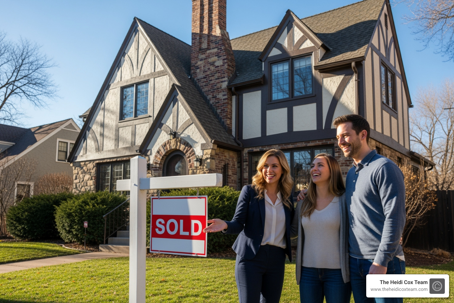 real estate agent and clients smiling in front of a "Sold" sign on a Park Hill Tudor home - Park Hill real estate agent real estate agent and clients smiling in front of a "Sold" sign on a Park Hill Tudor home - Park Hill real estate agent