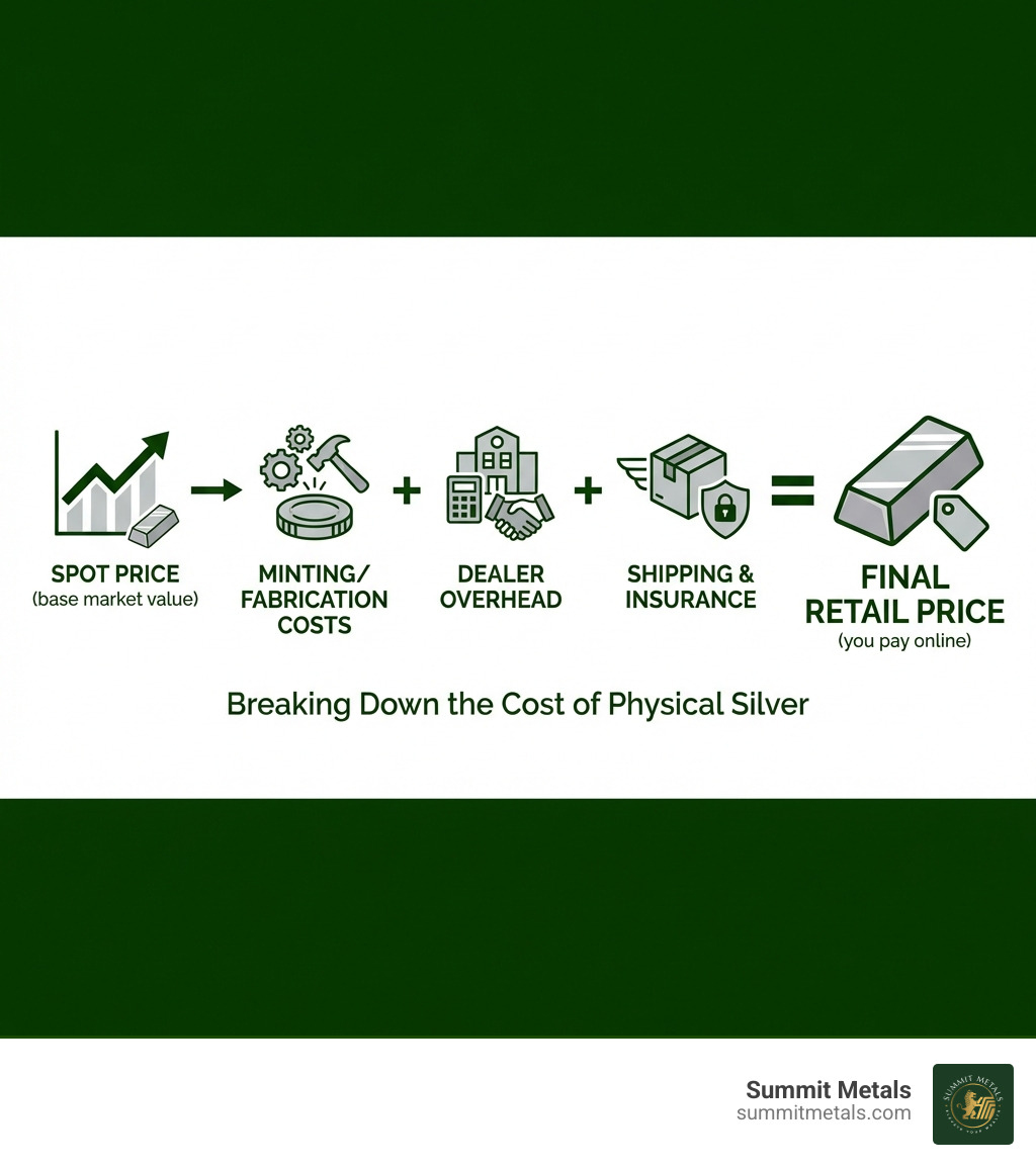 Infographic showing the breakdown of silver pricing: Spot price (base market value) + Minting/fabrication costs + Dealer overhead + Shipping & insurance = Final retail price you pay online - buy silver at spot online infographic 