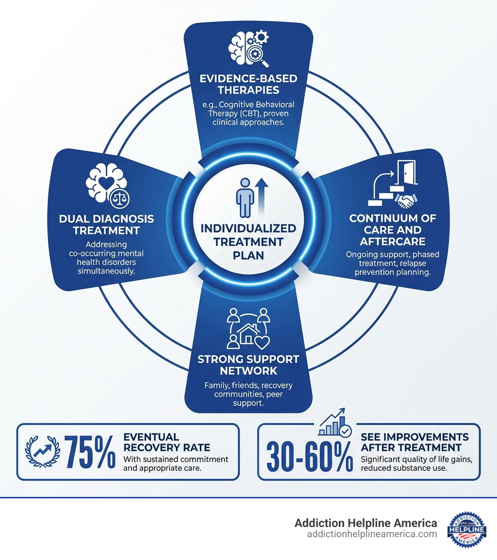 infographic showing five key pillars of successful addiction recovery: individualized treatment plan at the center, surrounded by evidence-based therapies, continuum of care and aftercare, dual diagnosis treatment for mental health, and strong support network, with statistics showing 75% eventual recovery rate and 30-60% see improvements after treatment - Success Rates of Rehab Centers LA infographic 
