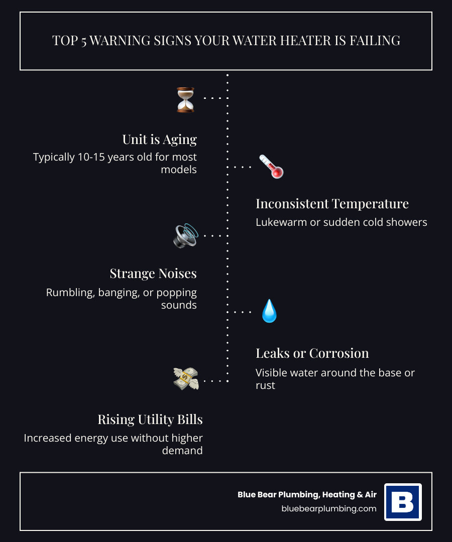 Infographic showing the top 5 warning signs your water heater is failing: unit is 10-15 years old, inconsistent or lukewarm water temperature, strange rumbling or banging noises, visible leaks or corrosion around the base, and rising utility bills without increased usage - water heater replacement in quincy, ma infographic infographic-line-5-steps-dark Infographic showing the top 5 warning signs your water heater is failing: unit is 10-15 years old, inconsistent or lukewarm water temperature, strange rumbling or banging noises, visible leaks or corrosion around the base, and rising utility bills without increased usage - water heater replacement in quincy, ma infographic infographic-line-5-steps-dark
