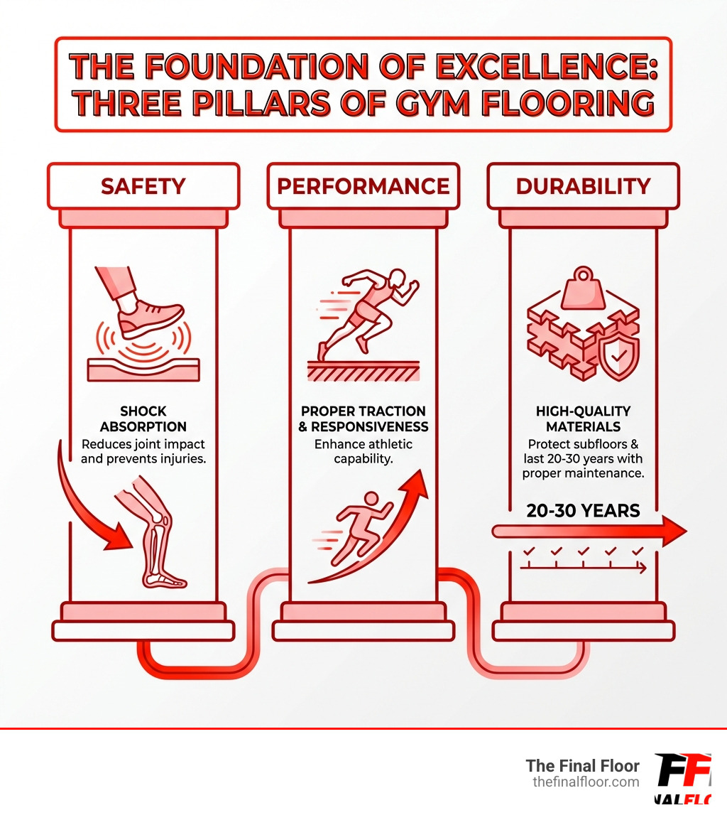infographic showing three pillars: Safety (shock absorption reduces joint impact and prevents injuries), Performance (proper traction and responsiveness enhance athletic capability), and Durability (high-quality materials protect subfloors and last 20-30 years with proper maintenance) - gym flooring infographic infographic showing three pillars: Safety (shock absorption reduces joint impact and prevents injuries), Performance (proper traction and responsiveness enhance athletic capability), and Durability (high-quality materials protect subfloors and last 20-30 years with proper maintenance) - gym flooring infographic