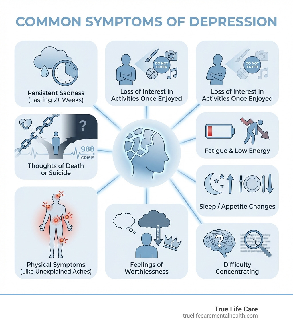 infographic showing common depression symptoms including persistent sadness lasting two weeks or more, loss of interest in activities once enjoyed, fatigue and low energy, sleep/appetit changes, difficulty concentrating, feelings of worthlessness, physical symptoms like unexplained aches, and thoughts of death or suicide - depression treatment in Hudson county NJ infographic 