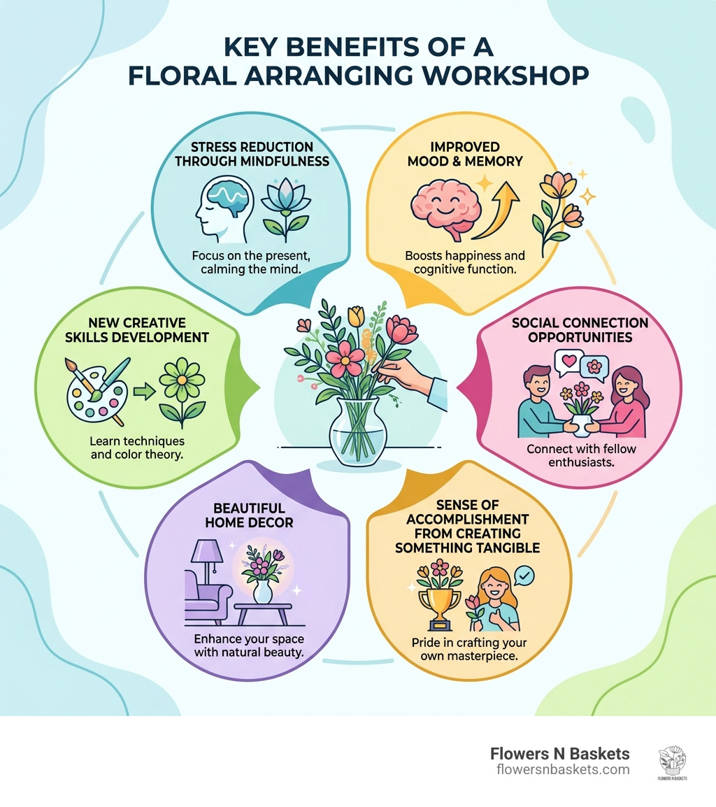 Infographic showing the key benefits of floral arranging workshops: stress reduction through mindfulness, improved mood and memory, new creative skills development, social connection opportunities, beautiful home decor, and a sense of accomplishment from creating something tangible - floral arranging workshop infographic