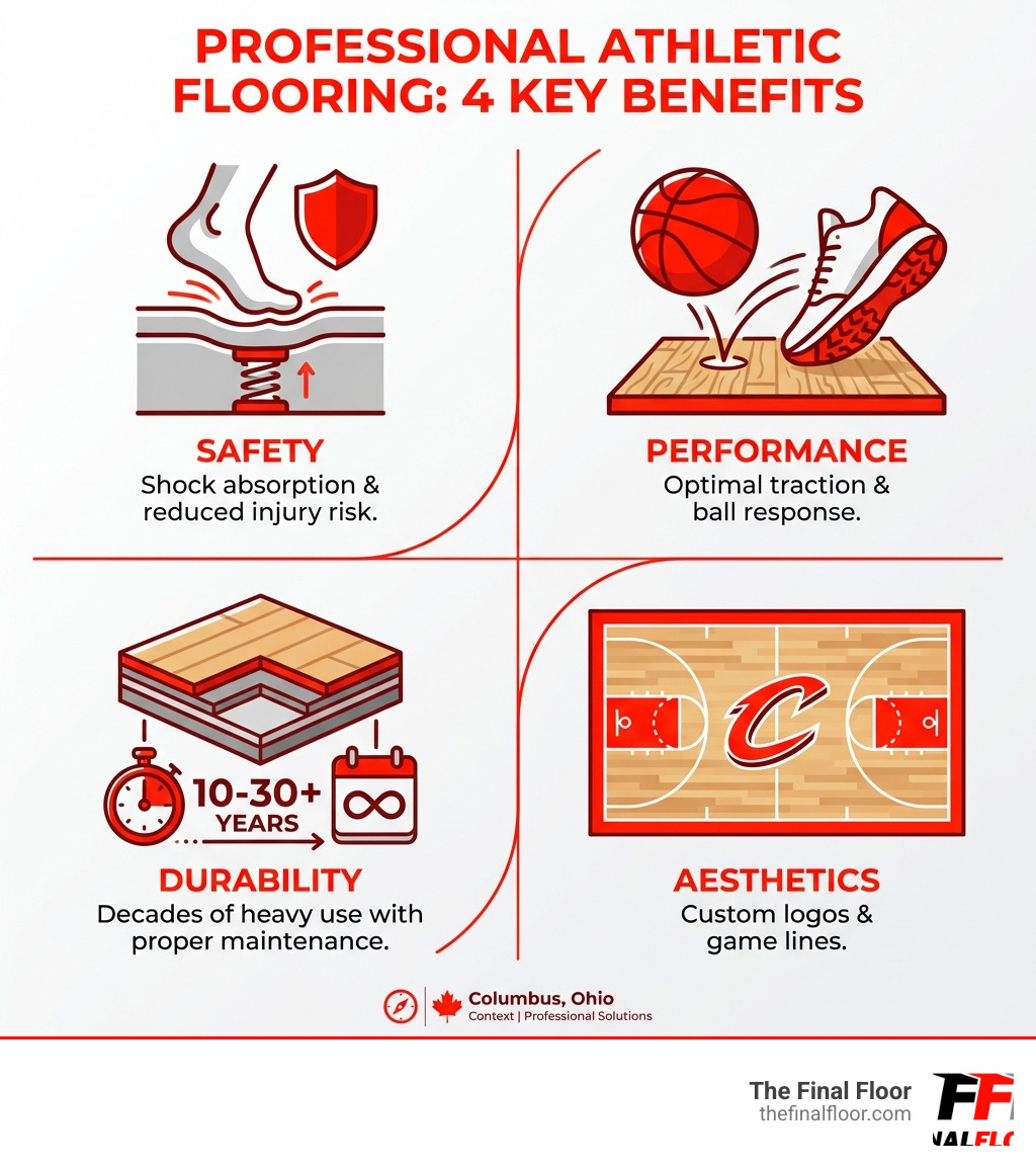 infographic showing four key benefits of professional athletic flooring: Safety through shock absorption and reduced injury risk, Performance with optimal traction and ball response, Durability for decades of heavy use with proper maintenance, and Aesthetics including custom logos and game lines - wood floors columbus ohio infographic infographic showing four key benefits of professional athletic flooring: Safety through shock absorption and reduced injury risk, Performance with optimal traction and ball response, Durability for decades of heavy use with proper maintenance, and Aesthetics including custom logos and game lines - wood floors columbus ohio infographic