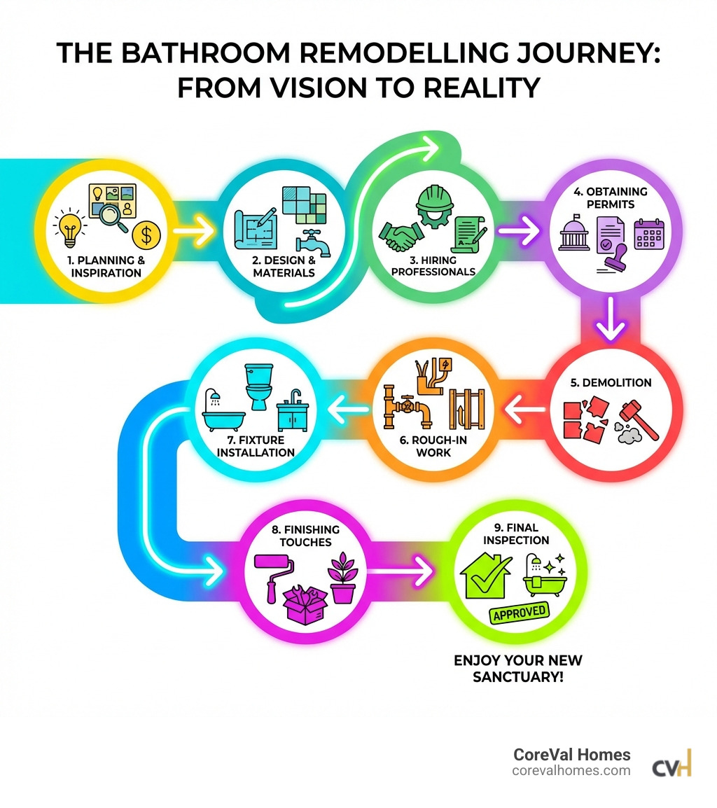 Infographic showing the bathroom remodelling process from initial planning and inspiration gathering, through design and material selection, hiring professionals, obtaining permits, demolition, rough-in work for plumbing and electrical, fixture installation, finishing touches like painting and hardware, and final inspection - Bathroom remodelling infographic 
