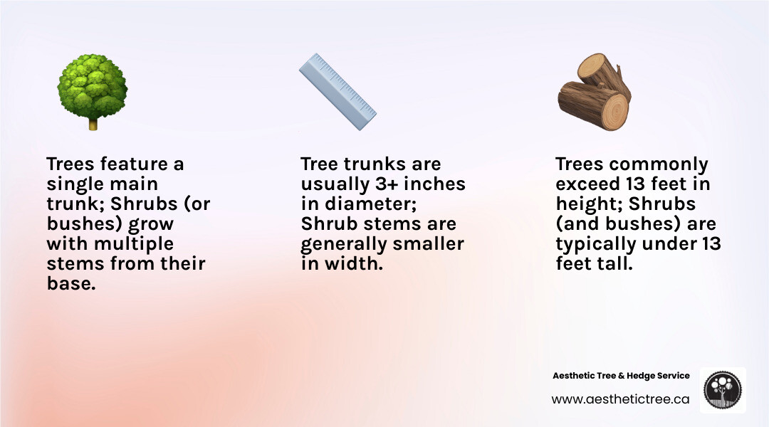 infographic showing comparison of tree versus shrub versus bush with labeled diagrams indicating single trunk versus multiple stems, height measurements showing trees over 13 feet and shrubs under 13 feet, and stem diameter measurements - Tree and shrub infographic 3_facts_emoji_light-gradient infographic showing comparison of tree versus shrub versus bush with labeled diagrams indicating single trunk versus multiple stems, height measurements showing trees over 13 feet and shrubs under 13 feet, and stem diameter measurements - Tree and shrub infographic 3_facts_emoji_light-gradient