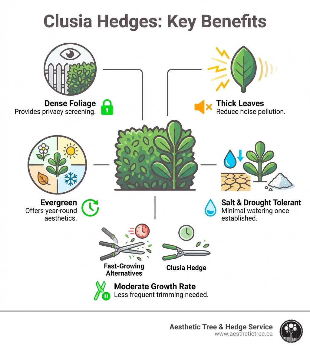 Infographic showing key benefits of Clusia hedges: dense foliage provides privacy screening, thick leathery leaves reduce noise pollution, evergreen growth offers year-round aesthetics, salt and drought tolerance requires minimal watering once established, and moderate growth rate means less frequent trimming compared to fast-growing alternatives - clusia hedge maintenance infographic 