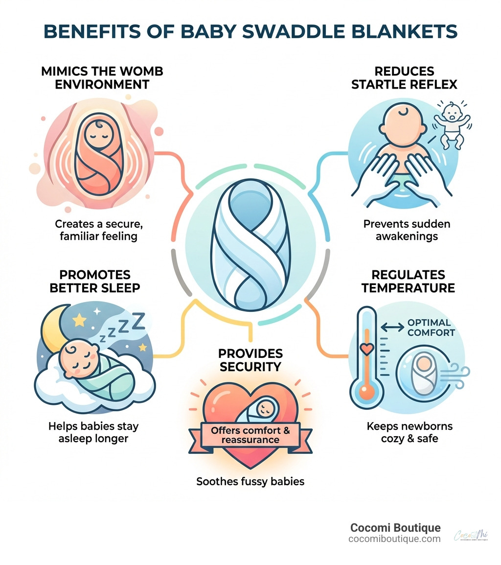Infographic showing the benefits of baby swaddle blankets: mimics the womb environment with a cozy wrap illustration, reduces startle reflex with calming hand icons, promotes better sleep with a peaceful sleeping baby, regulates temperature with a thermometer icon, and provides security with a heart symbol - baby swaddle blankets infographic 