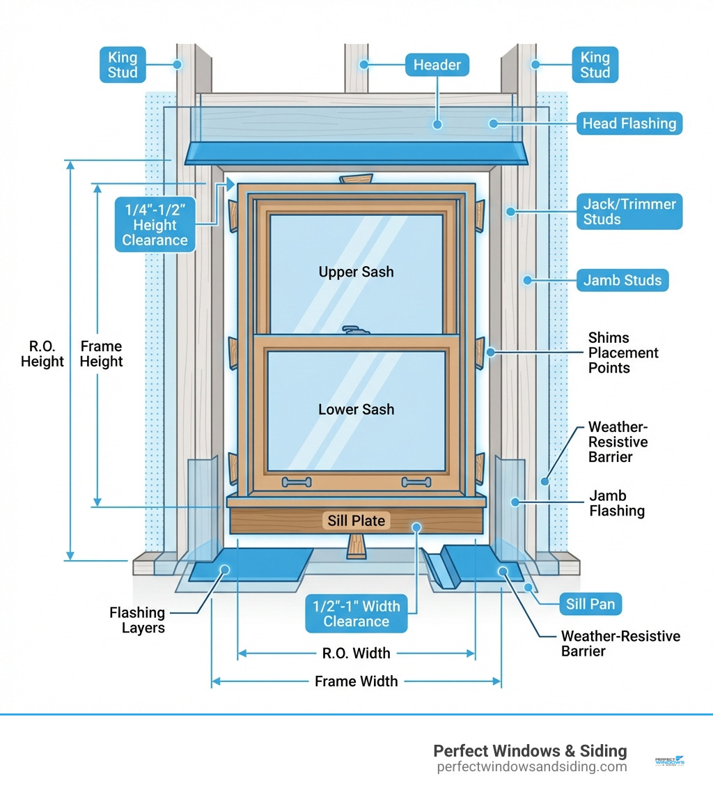Infographic showing the anatomy of a window and rough opening, with labeled components including the window frame, upper and lower sash, sill plate, jamb studs, header, king studs, jack/trimmer studs, rough opening dimensions, shims placement points, flashing layers (sill pan, jamb flashing, head flashing), weather-resistive barrier integration, and key measurements like the 1/2"-1" width clearance and 1/4"-1/2" height clearance between the frame and rough opening - wood window installation infographic Infographic showing the anatomy of a window and rough opening, with labeled components including the window frame, upper and lower sash, sill plate, jamb studs, header, king studs, jack/trimmer studs, rough opening dimensions, shims placement points, flashing layers (sill pan, jamb flashing, head flashing), weather-resistive barrier integration, and key measurements like the 1/2"-1" width clearance and 1/4"-1/2" height clearance between the frame and rough opening - wood window installation infographic