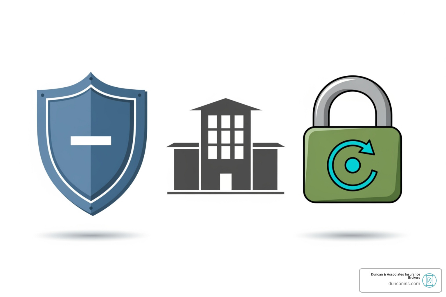 icons representing different insurance types (liability shield, property building, cyber lock) - Small business insurance WA