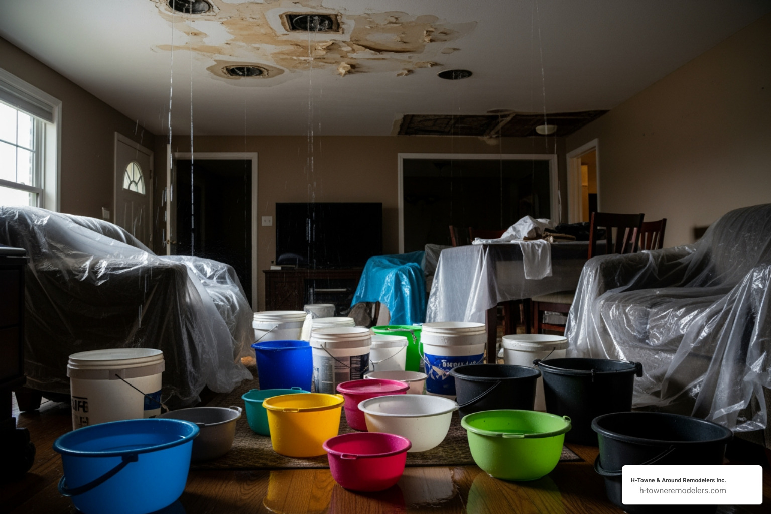 buckets catching water inside a home - emergency roof repair Houston