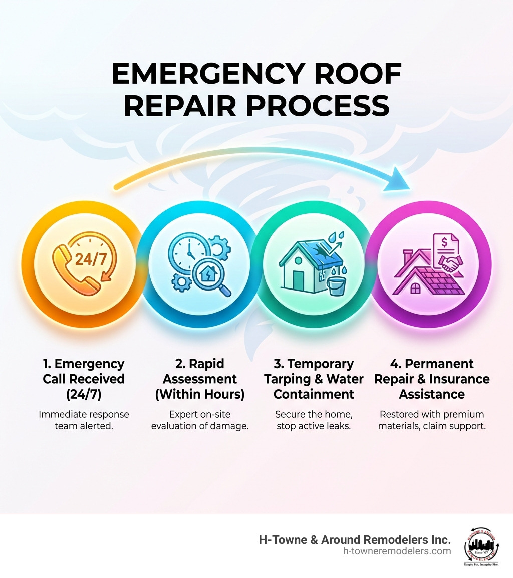 Emergency roof repair process infographic showing 4 key steps: 1. Emergency call received 24/7, 2. Rapid assessment within hours, 3. Temporary tarping and water containment, 4. Permanent repair with quality materials and insurance assistance - emergency roof repair Houston infographic 