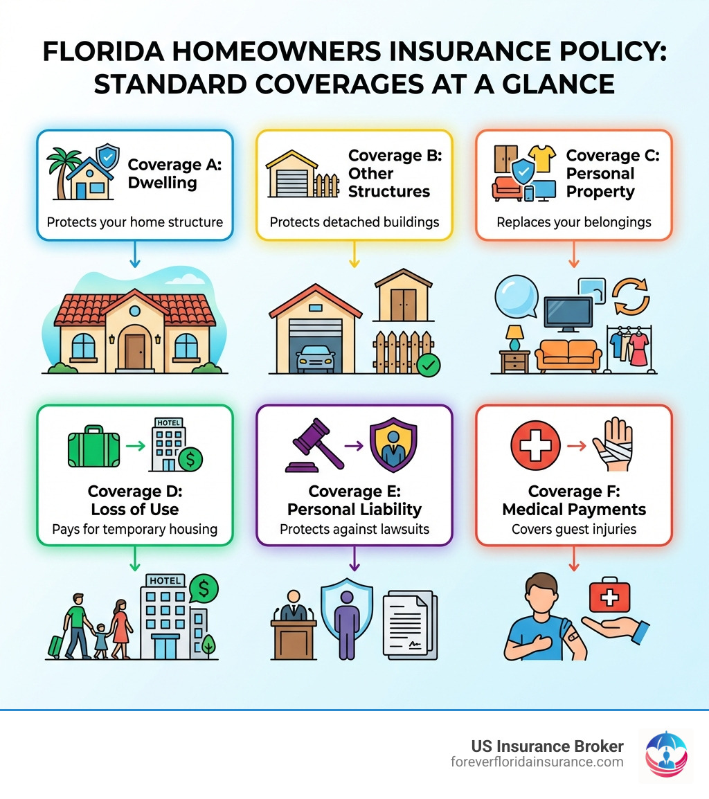 infographic showing the 6 standard homeowners insurance coverages: Coverage A Dwelling protects your home structure, Coverage B Other Structures protects detached buildings, Coverage C Personal Property replaces your belongings, Coverage D Loss of Use pays for temporary housing, Coverage E Personal Liability protects against lawsuits, Coverage F Medical Payments covers guest injuries - florida homeowners insurance policy infographic 