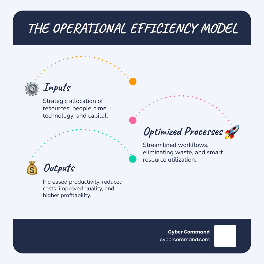 infographic showing the operational efficiency model with inputs like people and technology flowing through optimized processes to outputs like increased productivity reduced costs and improved quality - operational efficiency solutions infographic infographic-line-3-steps-blues-accent_colors