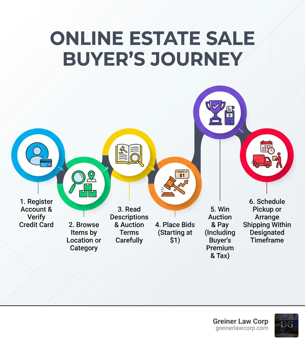 Step-by-step infographic showing the online estate sale buyer's journey: 1) Register account and verify credit card, 2) Browse items by location or category, 3) Read descriptions and auction terms carefully, 4) Place bids (starting at $1), 5) Win auction and pay (including buyer's premium and tax), 6) Schedule pickup or arrange shipping within designated timeframe - estate sales online infographic 