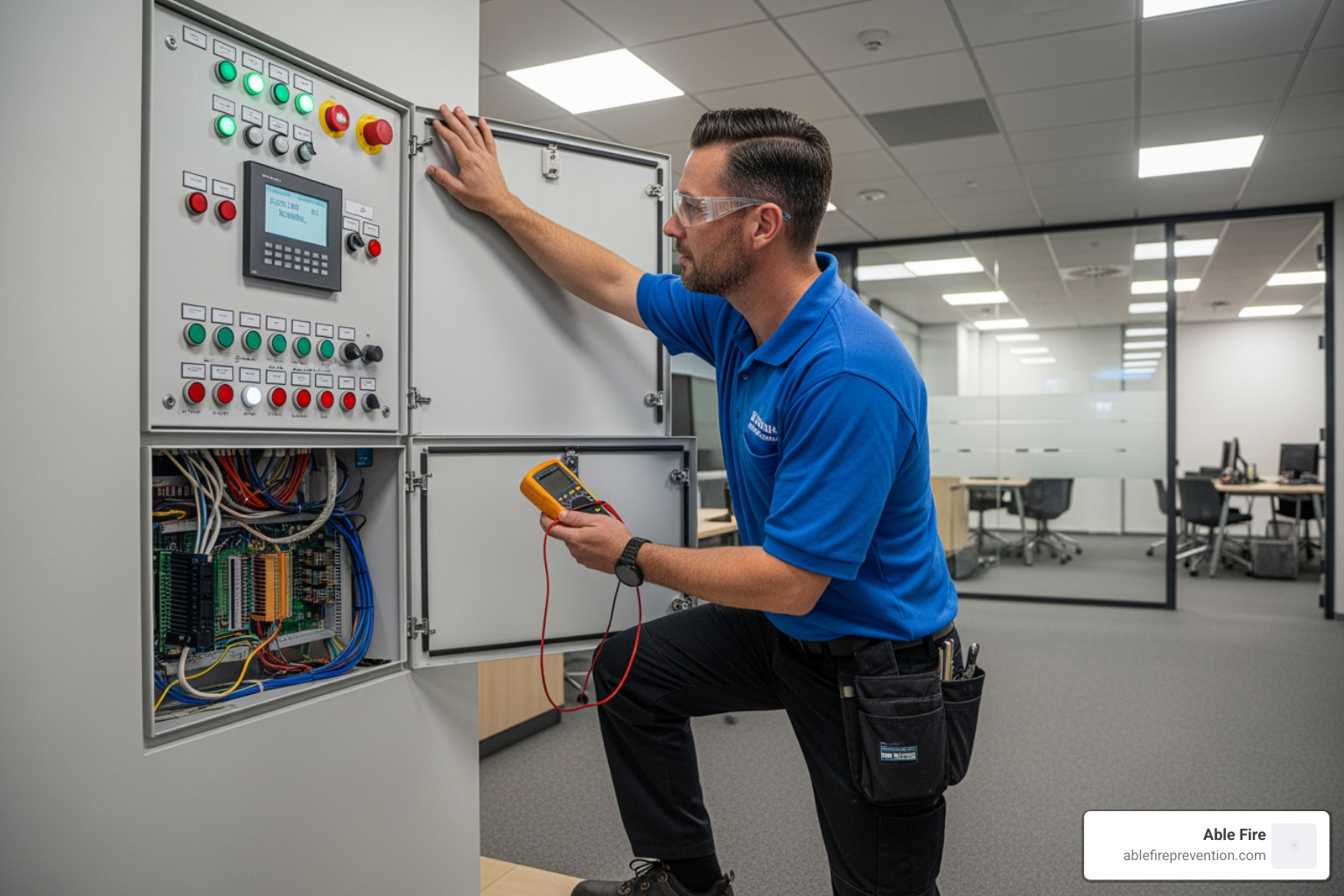 technician inspecting a fire suppression system panel in a commercial building - fire suppression systems jacksonville fl technician inspecting a fire suppression system panel in a commercial building - fire suppression systems jacksonville fl