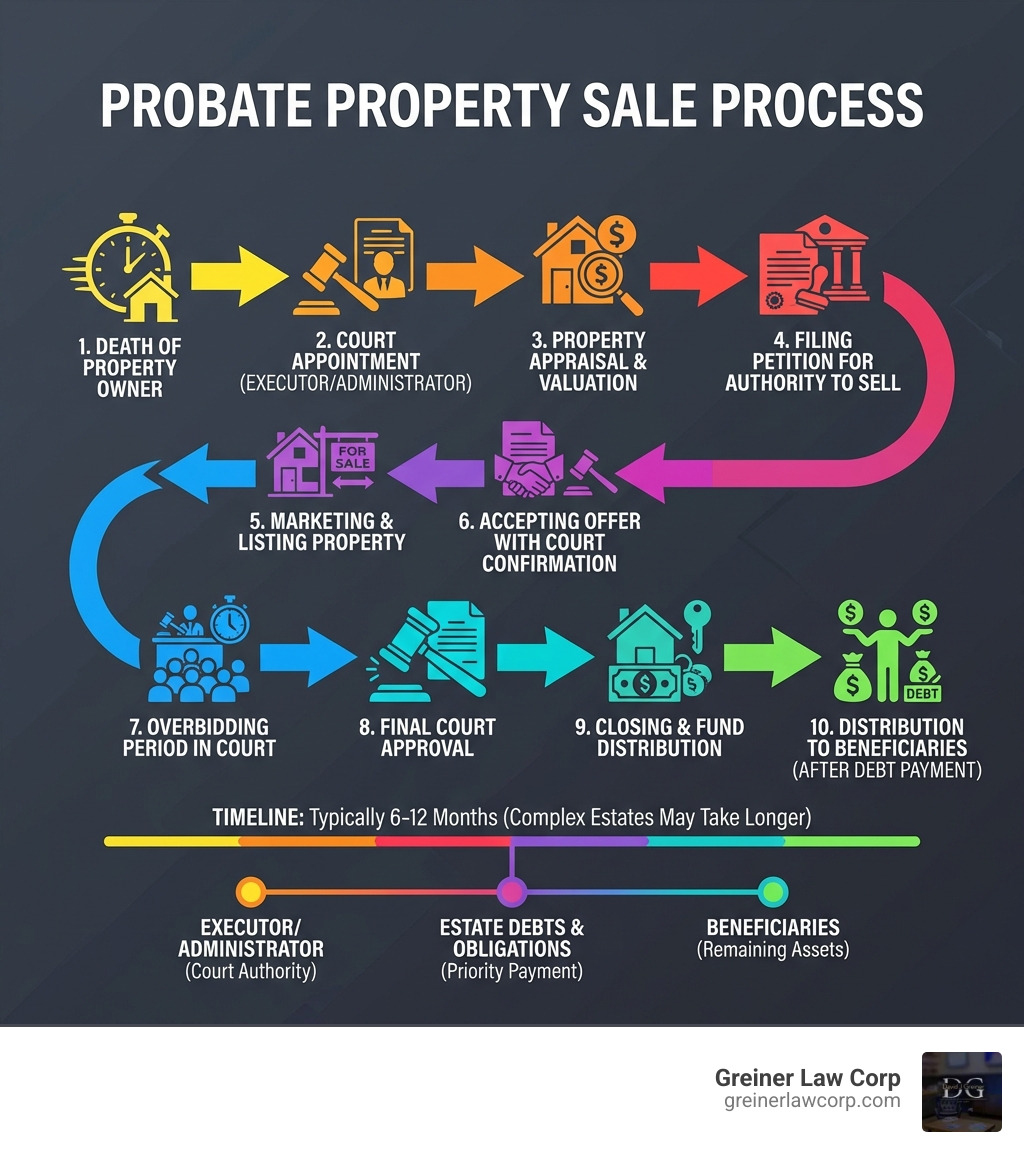 Probate Property Sale Process: Starting with Death of Property Owner, moving through Court Appointment of Executor/Administrator, Property Appraisal and Valuation, Filing Petition for Authority to Sell, Marketing and Listing the Property, Accepting Offer with Court Confirmation, Overbidding Period in Court, Final Court Approval, Closing and Fund Distribution, ending with Distribution to Beneficiaries after Debt Payment - Selling probate property infographic 