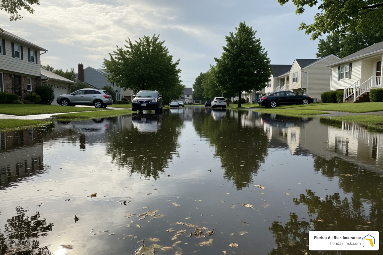 A residential street with minor, manageable flooding after heavy rain, illustrating water damage risk. - home insurance coverage Florida