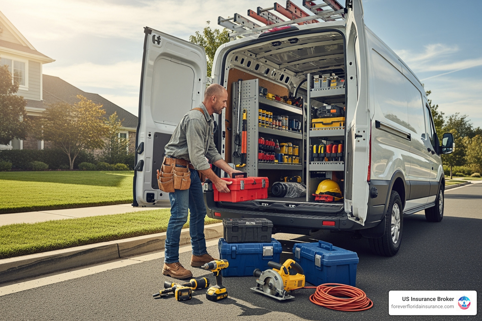Contractor loading tools into a work van - commercial auto insurance agency Contractor loading tools into a work van - commercial auto insurance agency