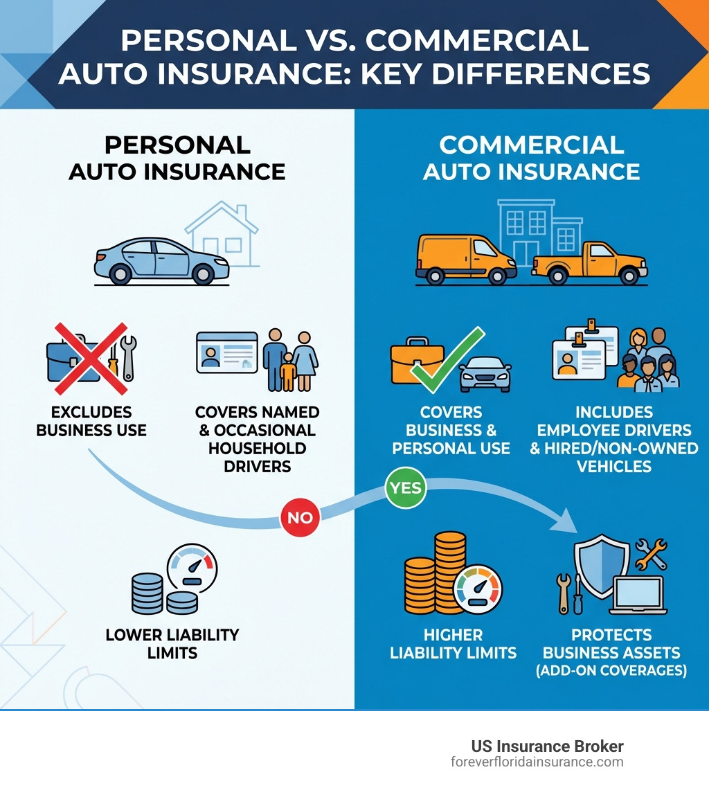 Infographic showing the key differences between personal and commercial auto insurance: Personal auto excludes business use and covers only the named driver and occasional household drivers, with lower liability limits; Commercial auto covers business and personal use, includes employee drivers and hired/non-owned vehicles, offers higher liability limits, and protects business assets like tools and equipment with add-on coverages - commercial auto insurance agency infographic Infographic showing the key differences between personal and commercial auto insurance: Personal auto excludes business use and covers only the named driver and occasional household drivers, with lower liability limits; Commercial auto covers business and personal use, includes employee drivers and hired/non-owned vehicles, offers higher liability limits, and protects business assets like tools and equipment with add-on coverages - commercial auto insurance agency infographic