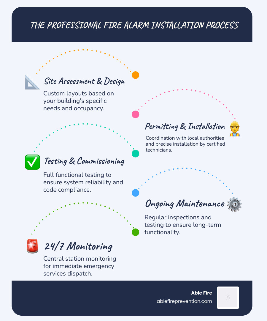 Infographic showing the fire alarm installation process: from initial site assessment and system design, through permitting and professional installation by certified technicians, to testing and commissioning, followed by ongoing maintenance inspections and 24/7 monitoring with automatic emergency dispatch - fire alarm installation services infographic infographic-line-5-steps-blues-accent_colors