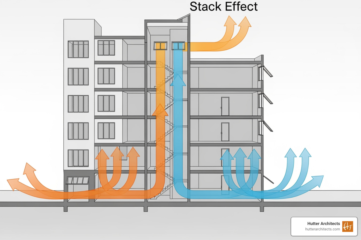 diagram showing the stack effect with warm air rising and exiting high, cool air entering low - passive ventilation strategies diagram showing the stack effect with warm air rising and exiting high, cool air entering low - passive ventilation strategies