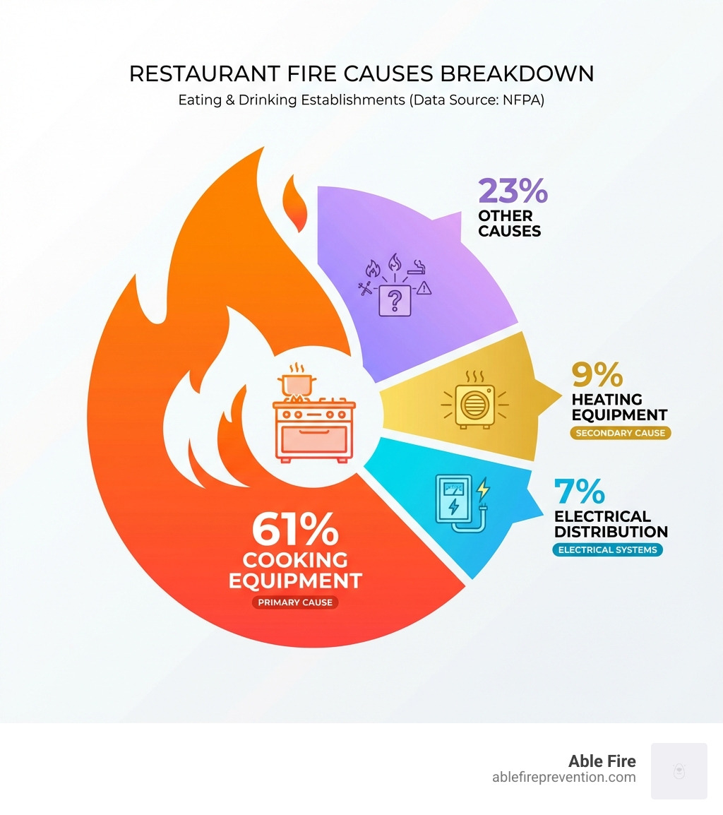 Infographic showing the breakdown of restaurant fire causes, with cooking equipment responsible for 61% of fires in eating and drinking establishments, followed by heating equipment at 9%, electrical distribution at 7%, and other causes making up the remaining 23% - commercial vent hood with fire suppression infographic 