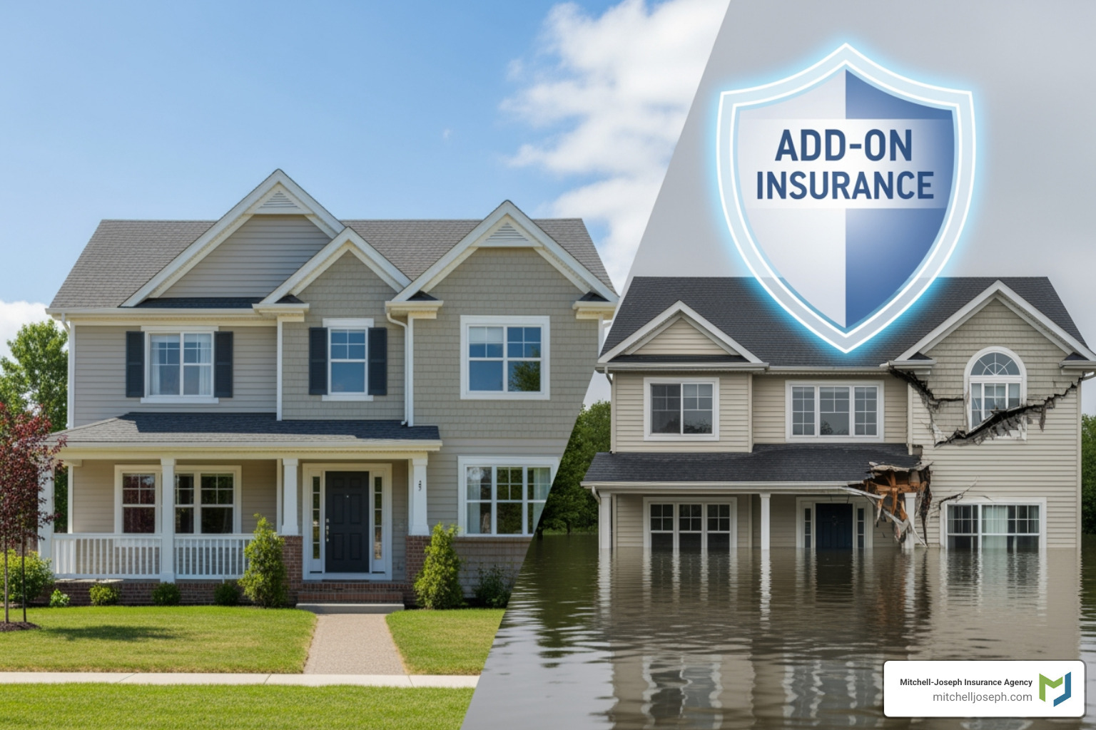 A graphic illustrating the difference between a standard policy, with basic dwelling and personal property coverage, and recommended add-on coverages like flood insurance represented by a shield over a flooded house. - New York home insurance quotes A graphic illustrating the difference between a standard policy, with basic dwelling and personal property coverage, and recommended add-on coverages like flood insurance represented by a shield over a flooded house. - New York home insurance quotes