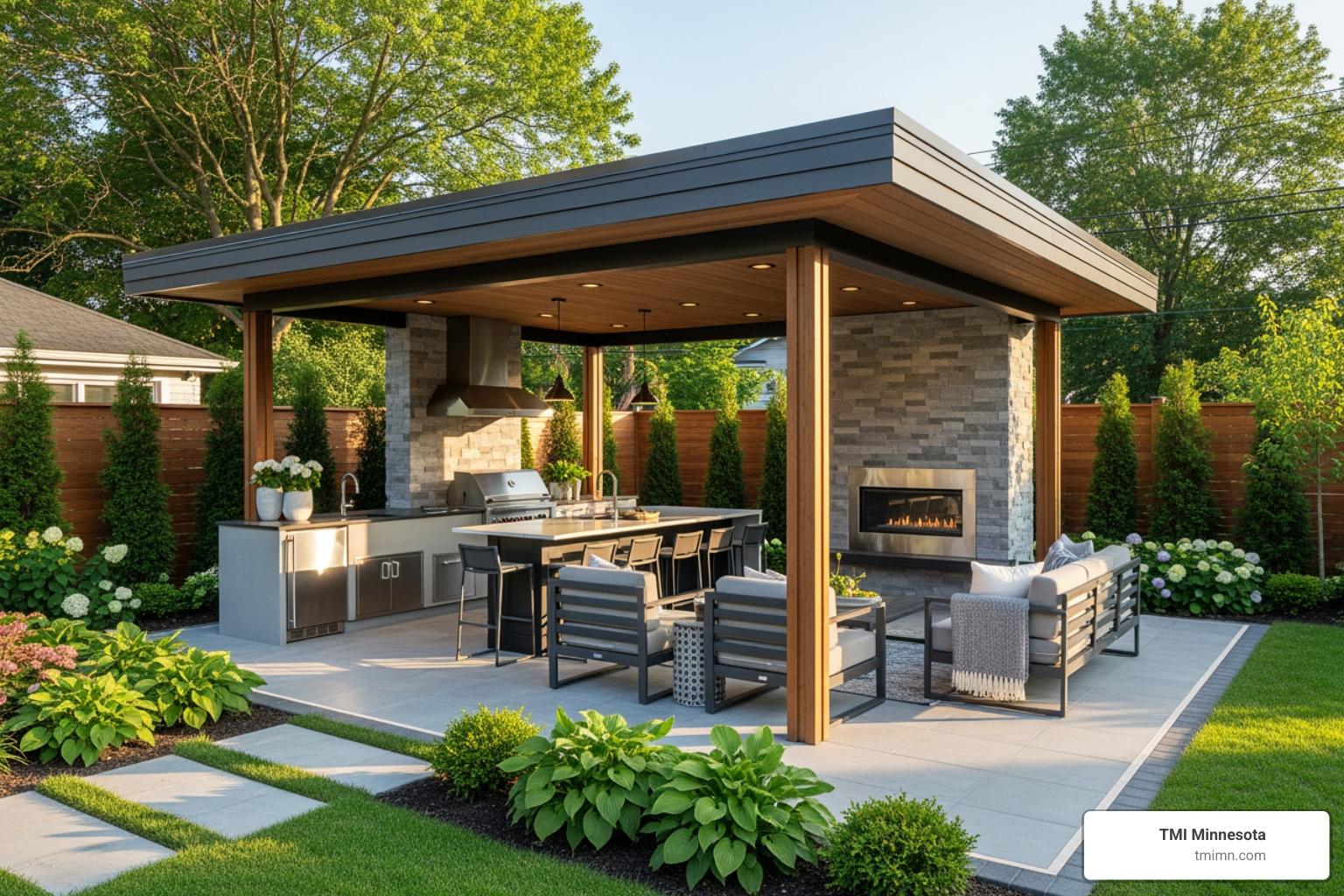 A luxurious, modern pavilion with an outdoor kitchen, comfortable seating, and a fireplace, set in a beautifully landscaped backyard - garden shade structures