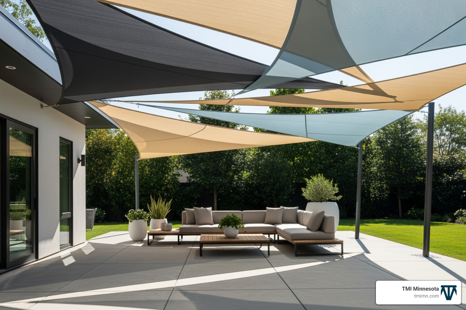 A backyard with creatively layered triangular shade sails in different colors and heights over a patio, creating dynamic sun protection and a modern aesthetic - garden shade structures
