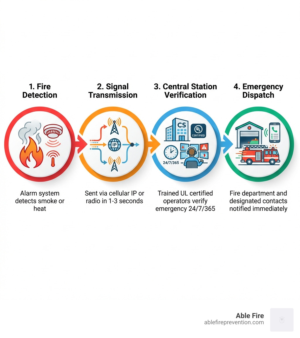 infographic showing the four-step fire alarm monitoring process: 1. Fire Detection - alarm system detects smoke or heat, 2. Signal Transmission - signal sent via cellular IP or radio to central station in 1-3 seconds, 3. Central Station Verification - trained UL certified operators verify emergency 24/7/365, 4. Emergency Dispatch - fire department and designated contacts notified immediately - fire alarm monitoring company infographic 