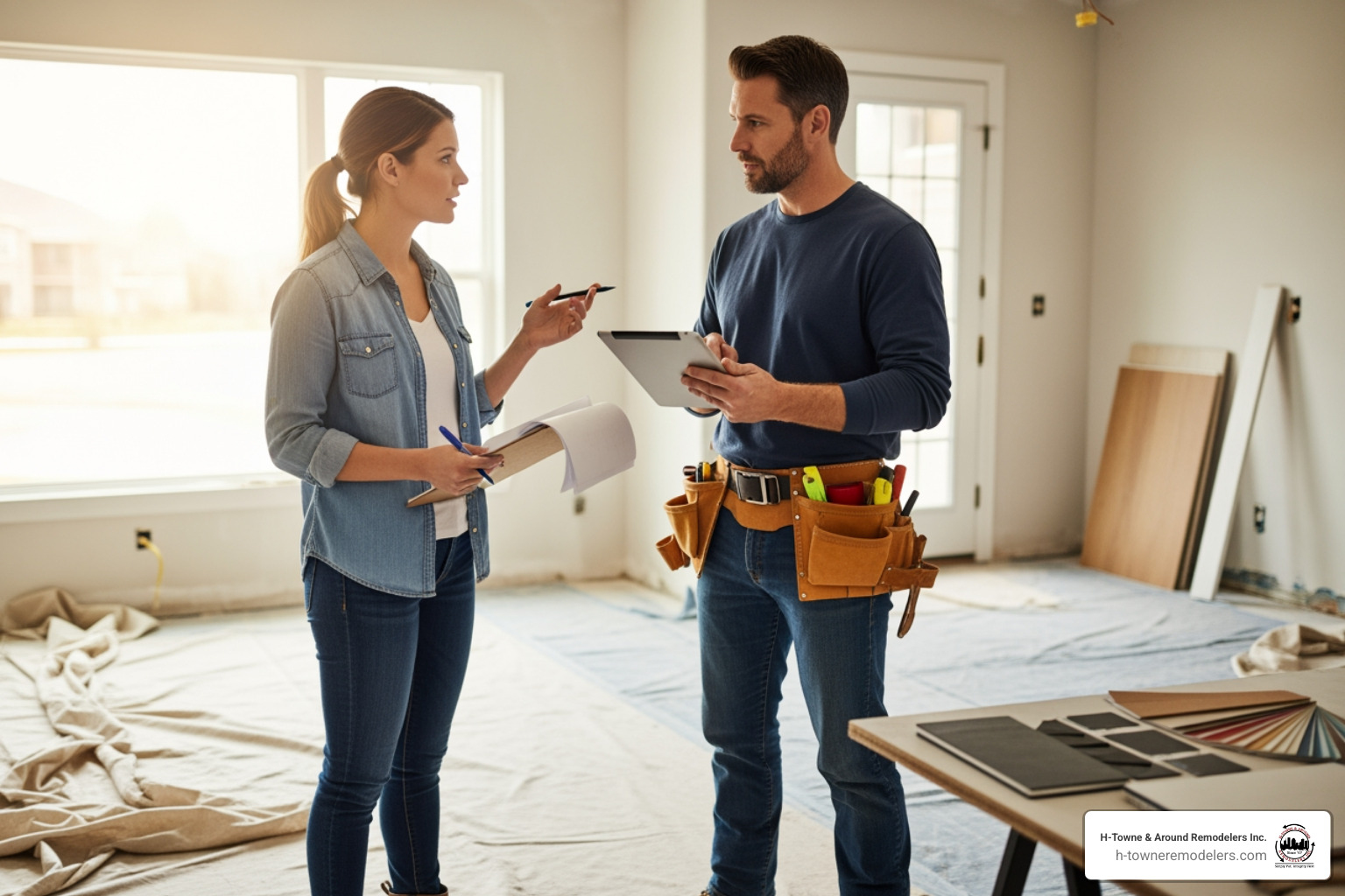 A homeowner talking with a contractor, holding a clipboard and notepad - bathroom remodel contractor
