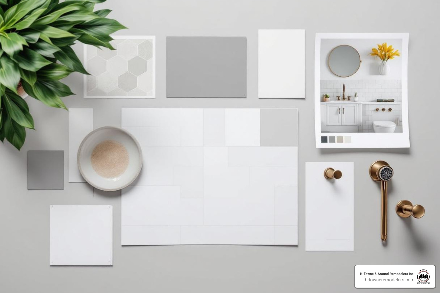 A mood board with tile samples, paint swatches, and fixture photos - bathroom remodel contractor